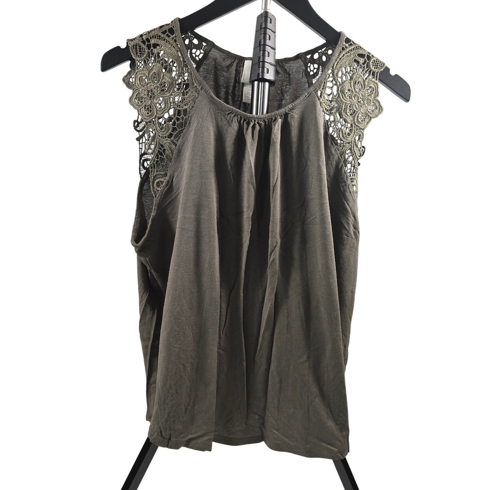 HM Olive Green Crochet Lace Shoulder Sleeveless‎ Top Blouse Women Large